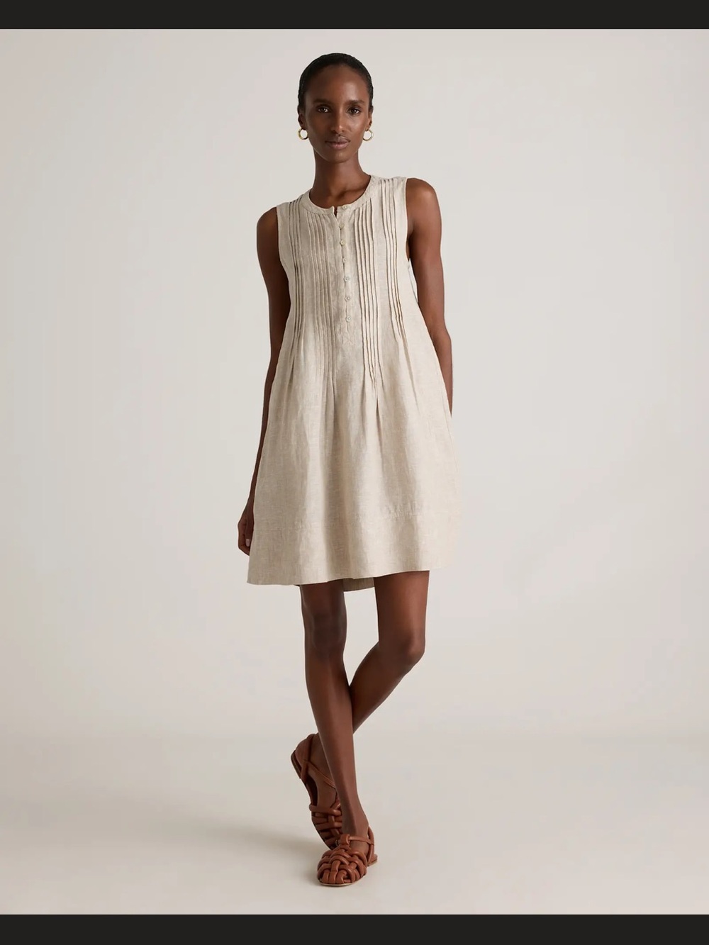 Sleeveless Pintuck Linen Blend Dress in Natural